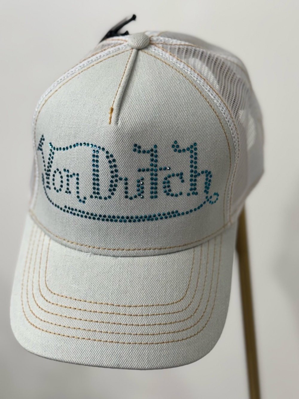 🩵Von Dutch Light Stone Denim Trucker Hat 339 Blue Rhinestones